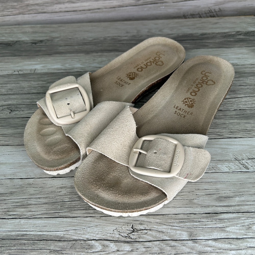 Yokono Leather Sock Slide Comfort Sandals Beige Off White 9 Slip On Buckle